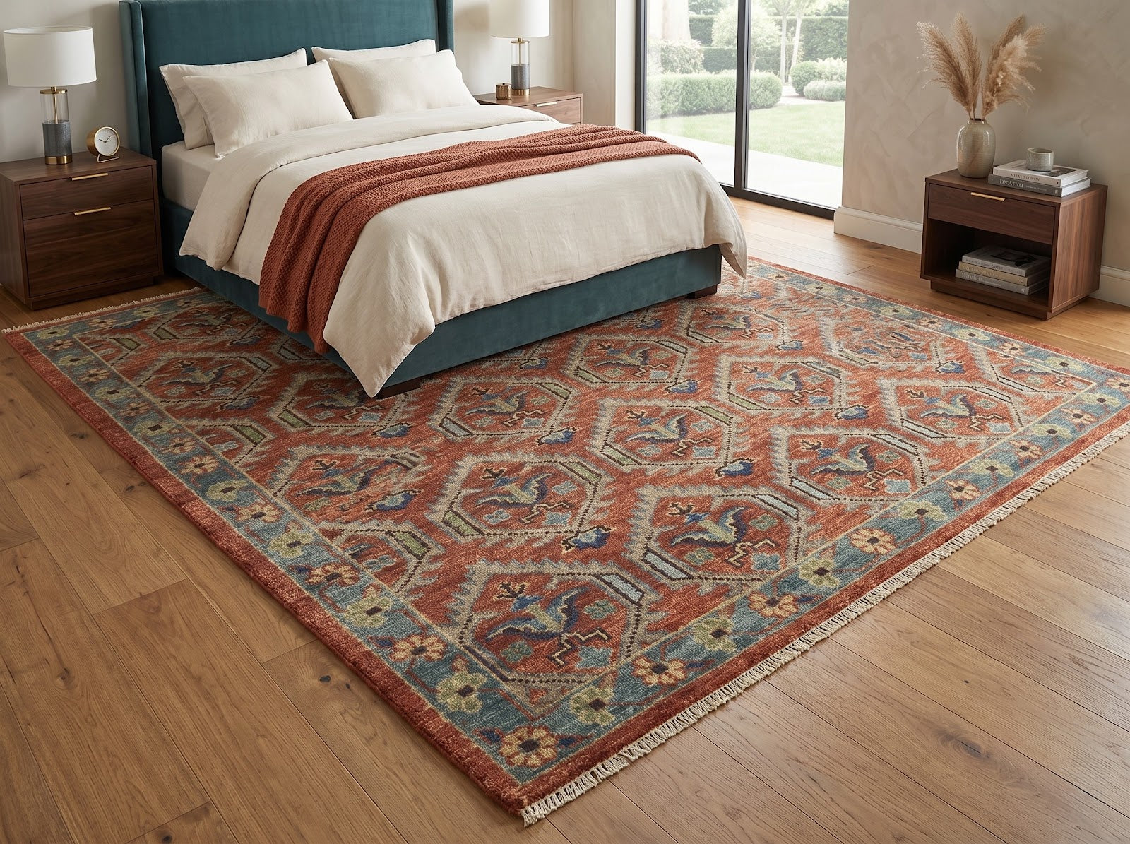 Tribal Geometric Hand Knotted New Zealand Wool Rug | Rust & Blue Diamond Pattern Area Rug — 2x3 ft'