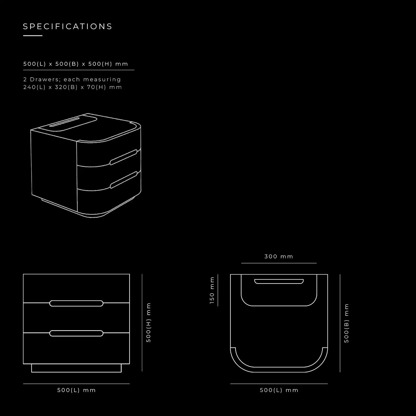 Flow End Table by BEC Furniture — dimensioned specification drawing