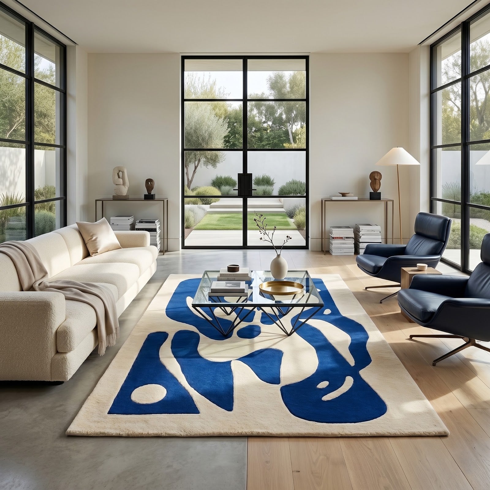 Botanical Silhouette Hand Tufted Wool Rug | Cobalt Blue & Ivory Abstract Floral Area Rug — 2x3 ft'
