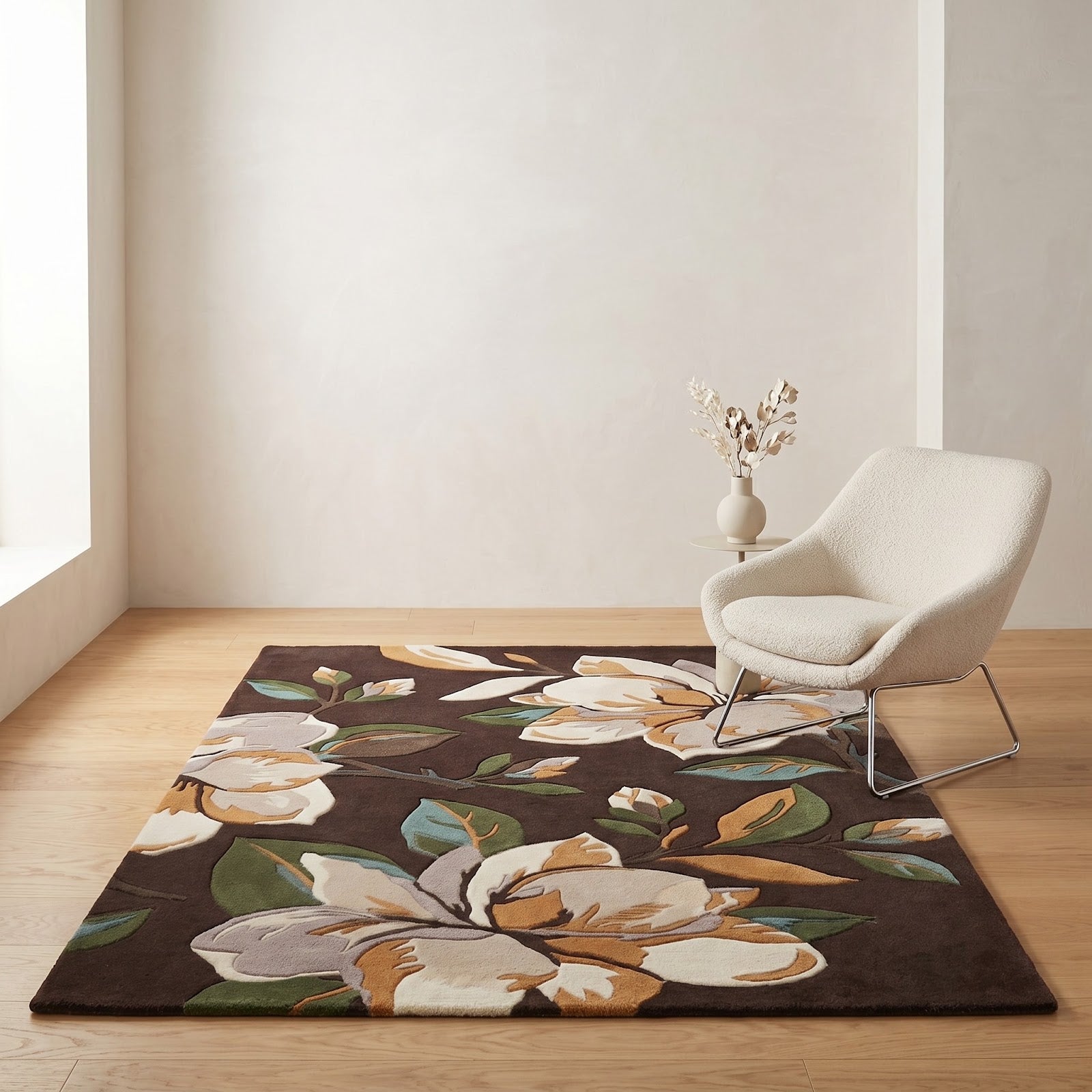 Magnolia Blossom Hand Tufted Wool Rug | Chocolate Brown Floral Botanical Area Rug — 2x3 ft'