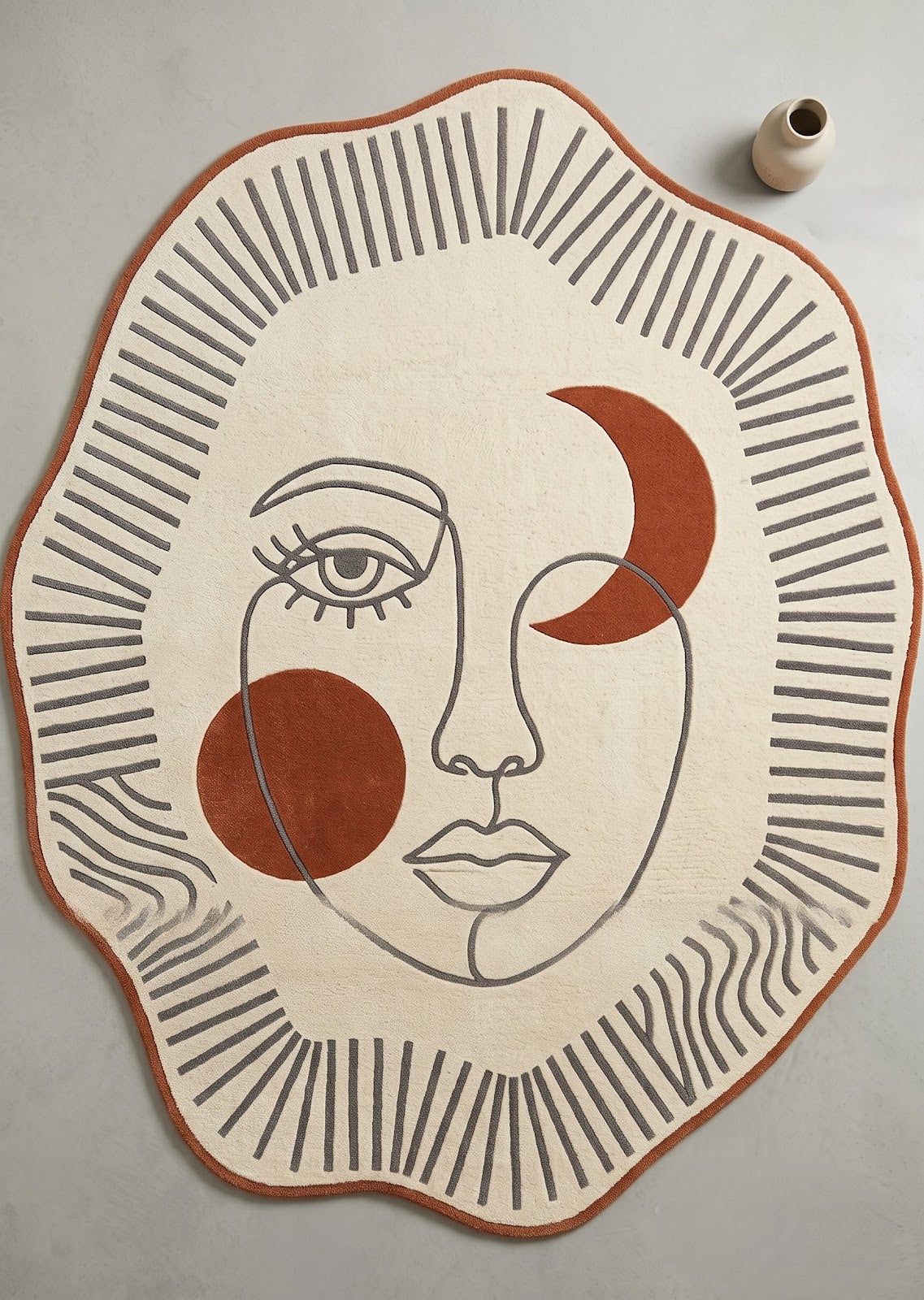 Celestial Face Hand Tufted Wool Rug | Ivory & Terracotta Abstract Art Irregular Shape Area Rug — 2x3 ft'