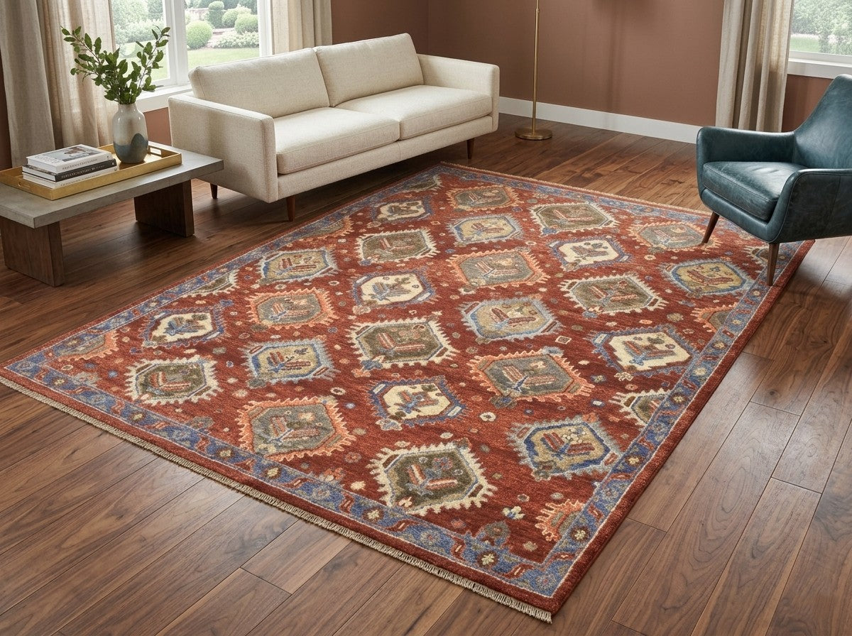 Traditional Tribal Hand Knotted New Zealand Wool Rug | Rust & Blue Geometric Diamond Area Rug — 2x3 ft'