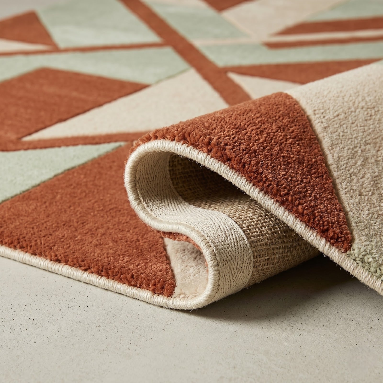 Modern Geometric Hand Tufted Wool Rug | Terracotta, Sage Green & Ivory Contemporary Area Rug — 2x3 ft'