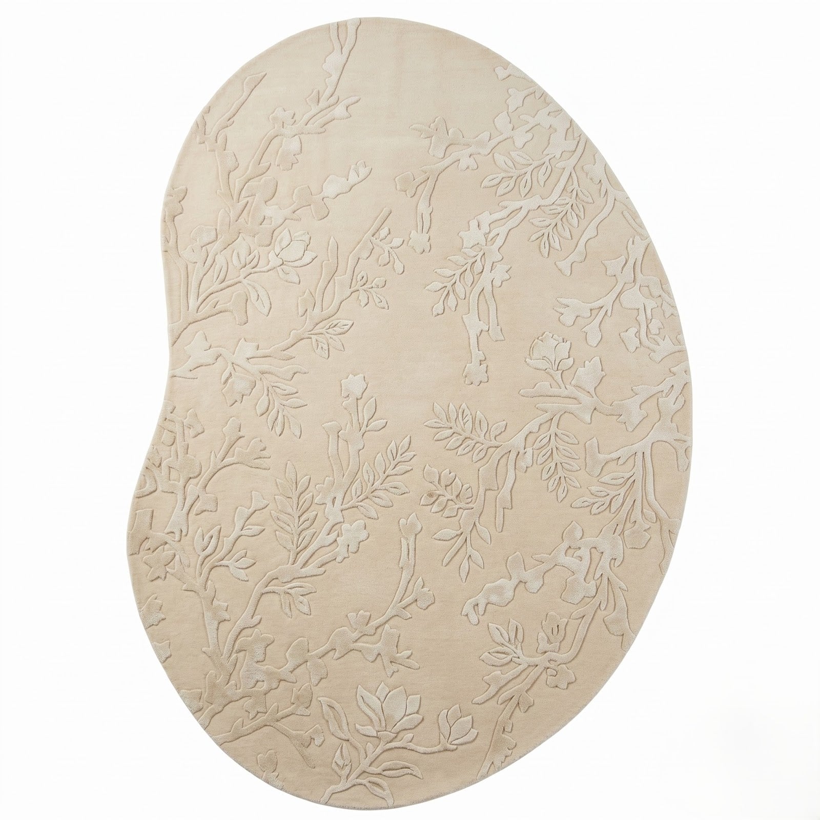 Oval Botanical Hand Tufted Wool Rug | Ivory Floral Vine Area Rug with Carved Texture — 2x3 ft'