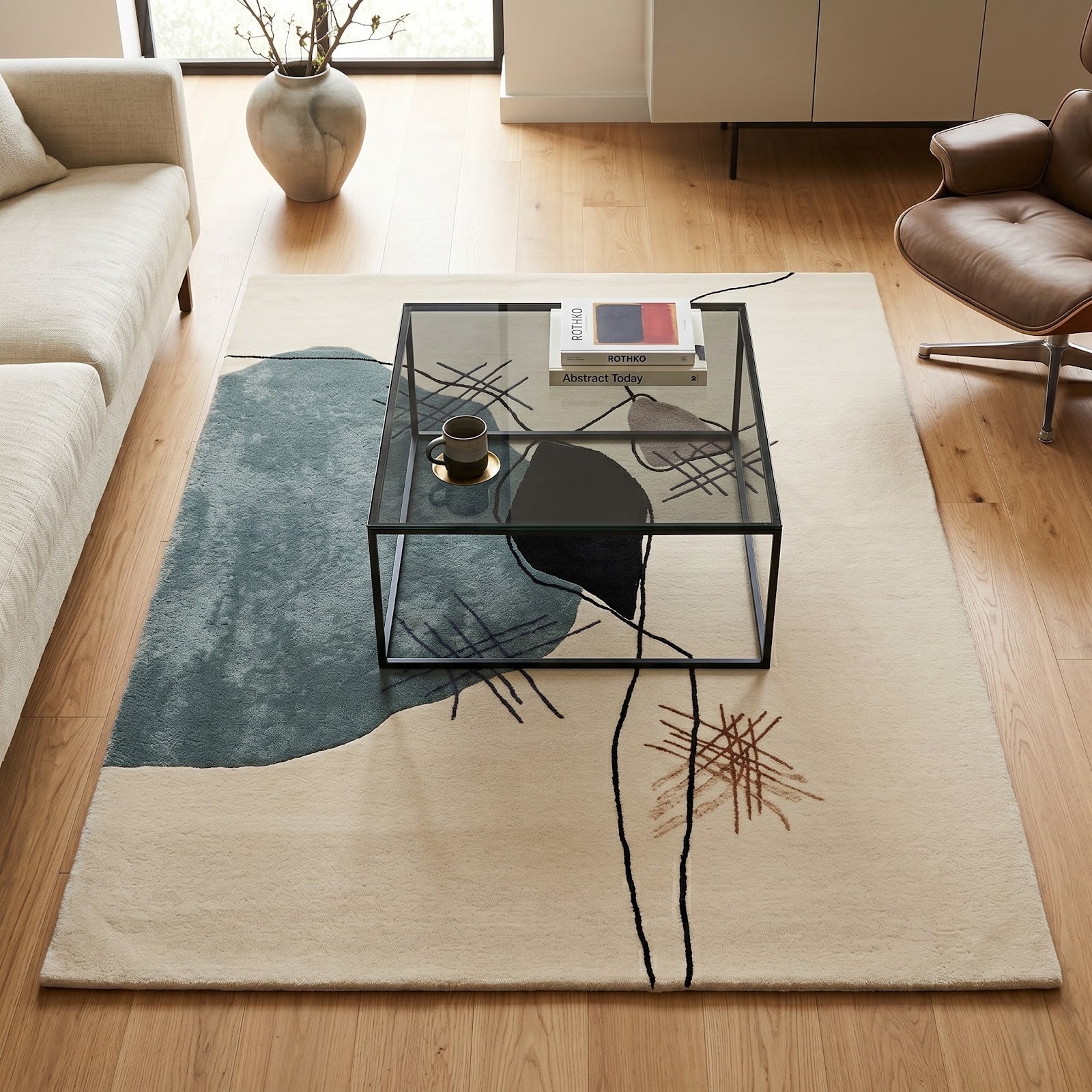 Gestural Abstract Wool & Viscose Rug | Ivory, Mist Blue & Charcoal Contemporary Art Area Rug — 2x3 ft'