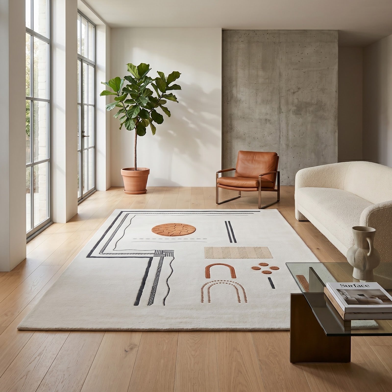 Modern Abstract Hand Tufted Wool Rug | Minimalist Geometric Ivory & Terracotta Contemporary Area Rug — 2x3 ft'