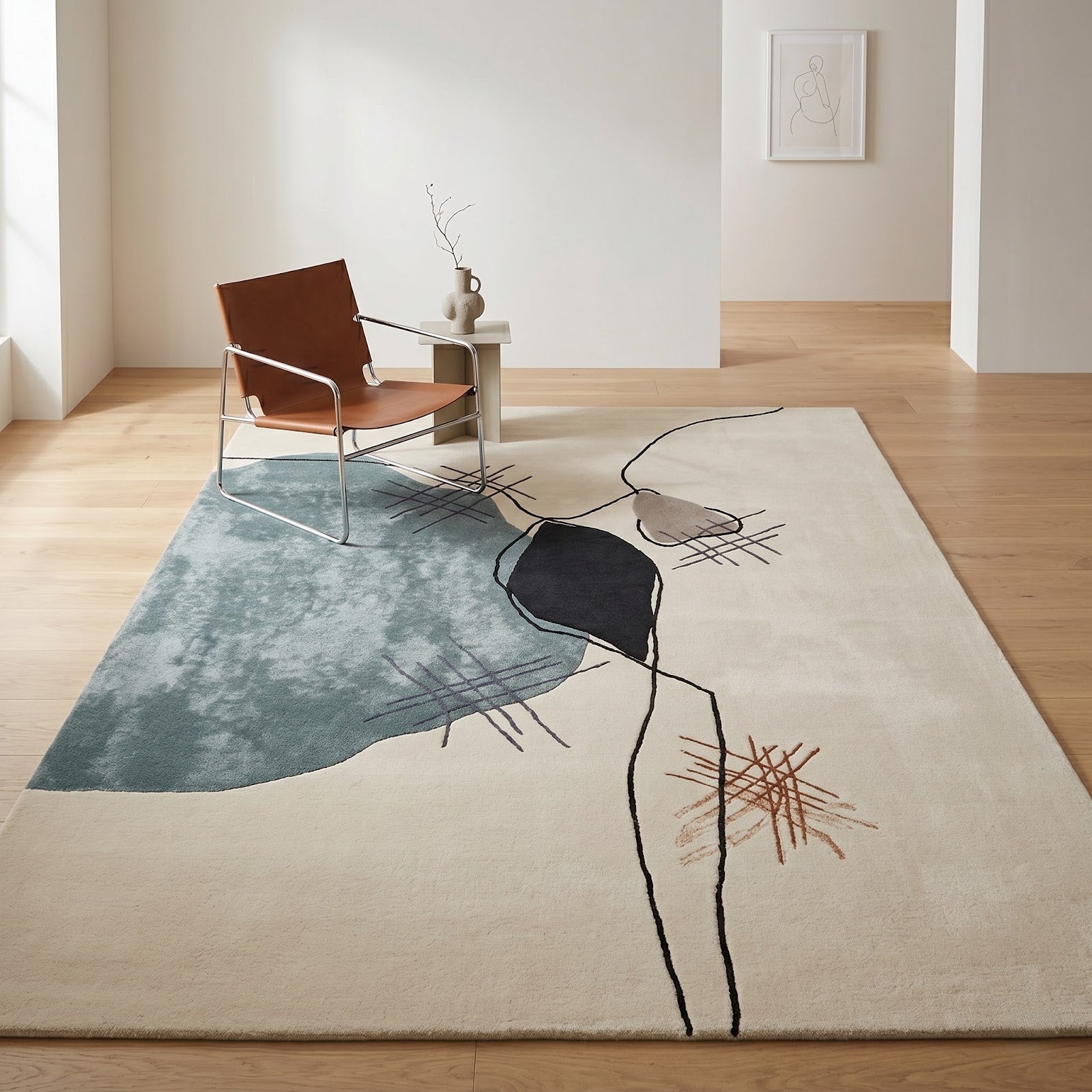 Gestural Abstract Wool & Viscose Rug | Ivory, Mist Blue & Charcoal Contemporary Art Area Rug — 2x3 ft'