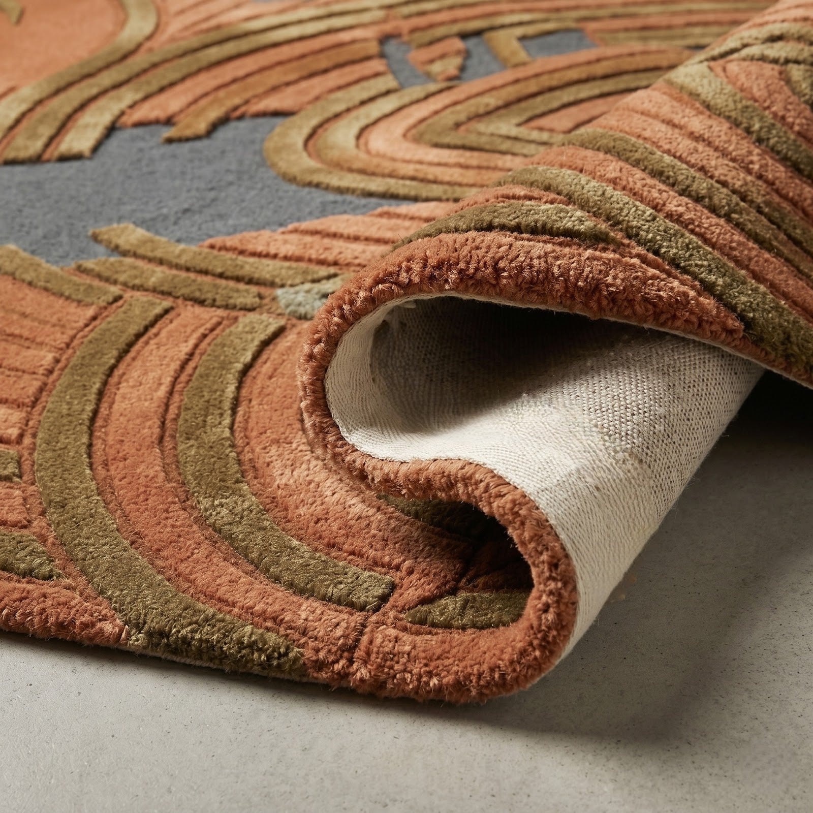 Art Deco Archways Hand Tufted Wool Rug | Terracotta & Slate Blue Geometric Area Rug — 2x3 ft'