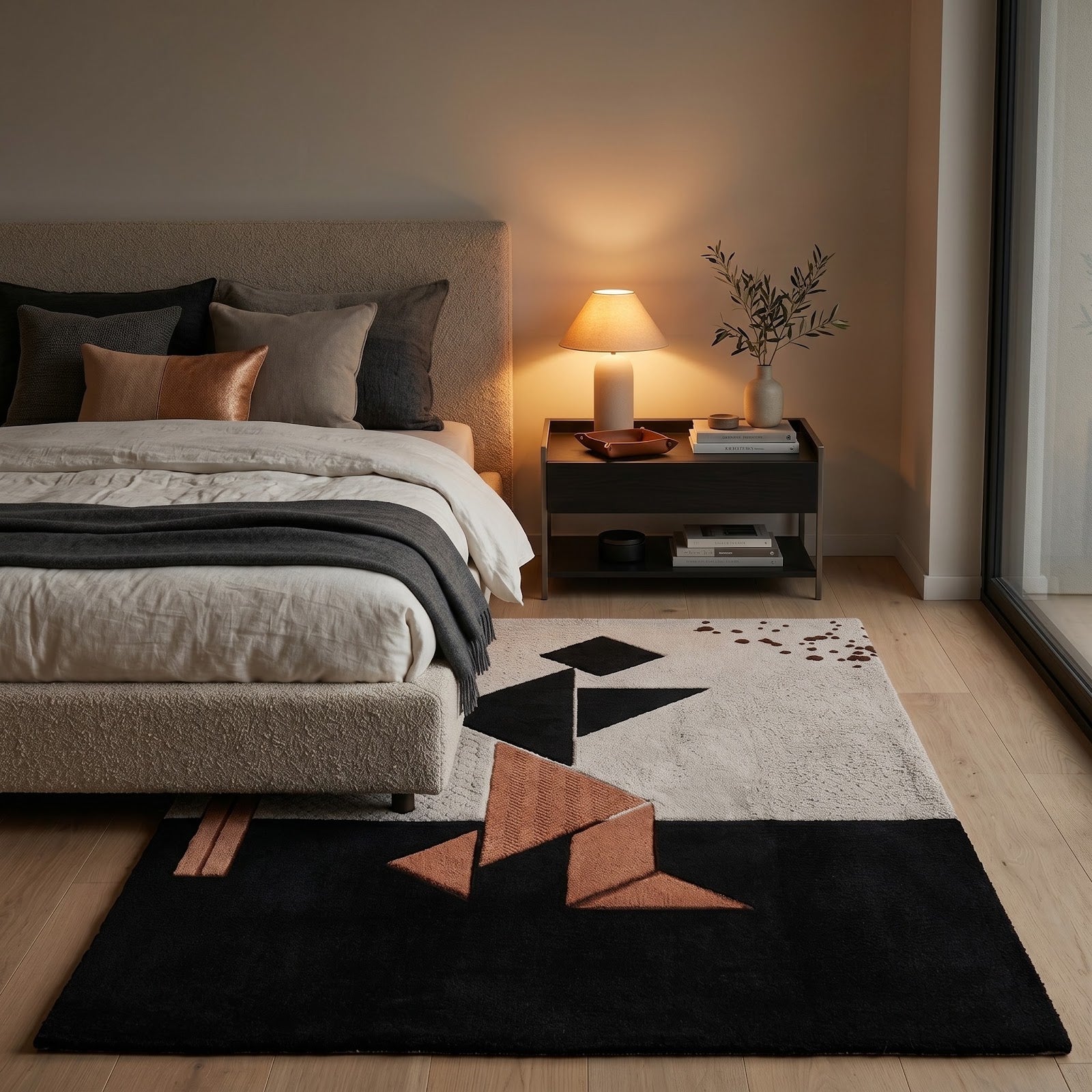 Abstract Geometric Hand Tufted Wool Rug | Modern Minimalist Art Area Rug in Black, Ivory & Terracotta — 2x3 ft'