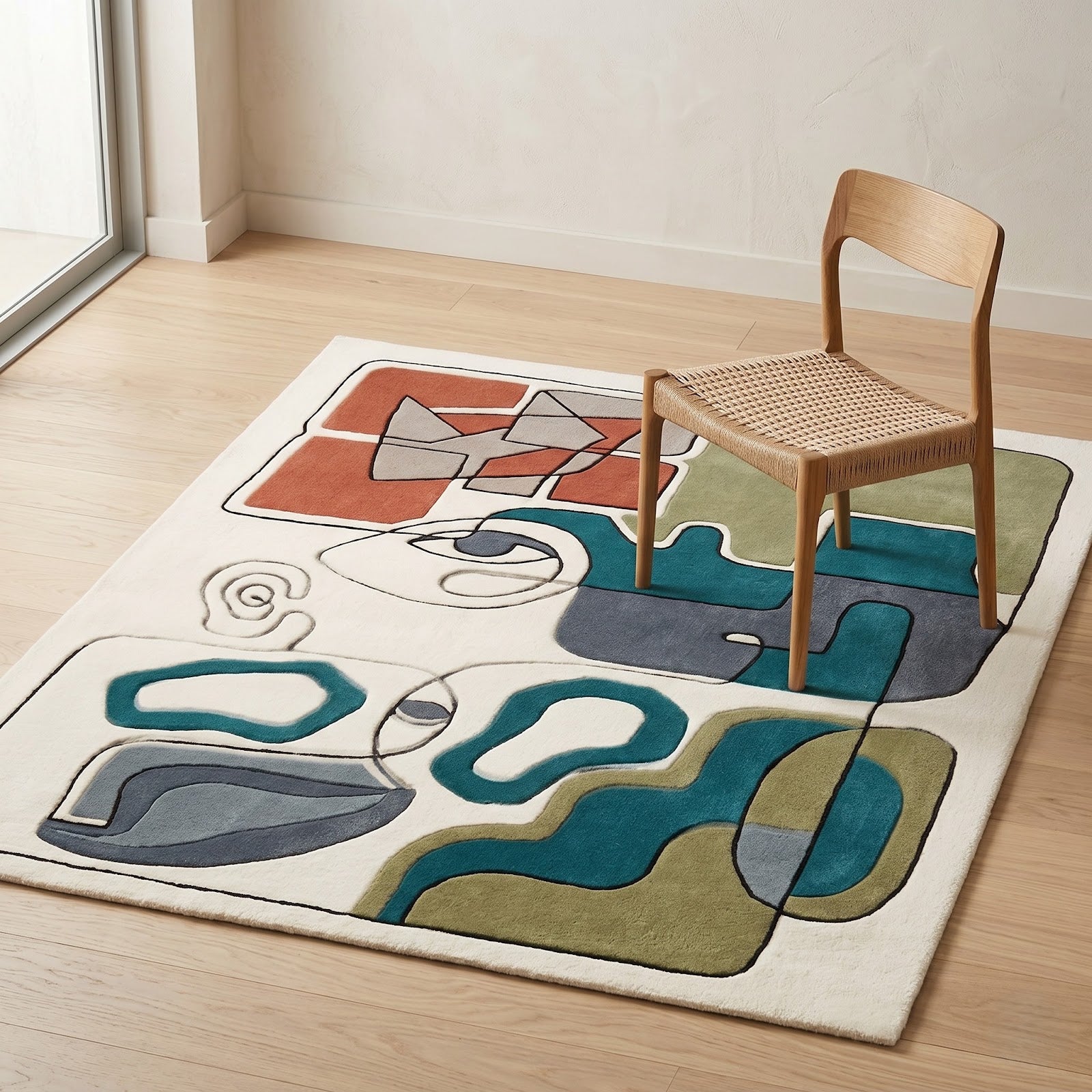 Abstract Face Line Art Hand Tufted Wool Rug | Modern Cubist Geometric Area Rug — 2x3 ft'