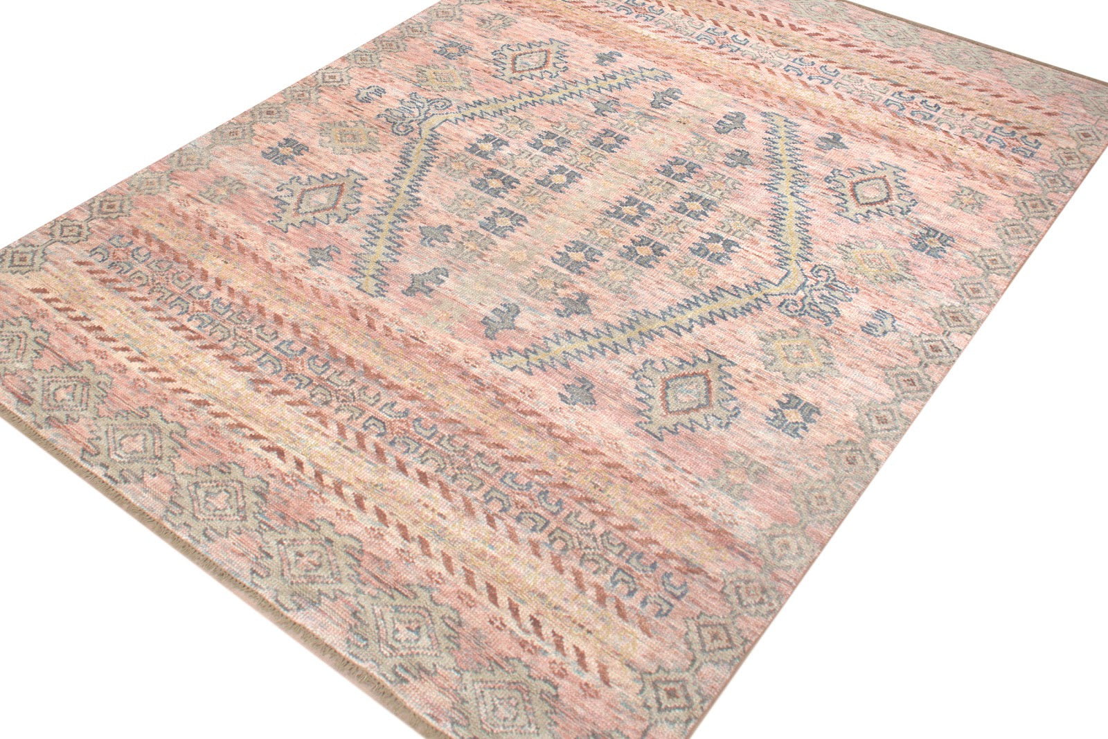 Vintage Tribal Hand Knotted New Zealand Wool Rug | Blush Pink & Sage Green Geometric Area Rug — 2x3 ft'