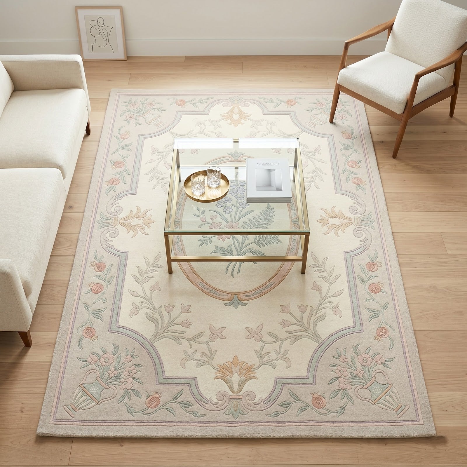 French Provincial Floral Hand Tufted Wool Rug | Pastel Botanical Medallion Area Rug — 2x3 ft'