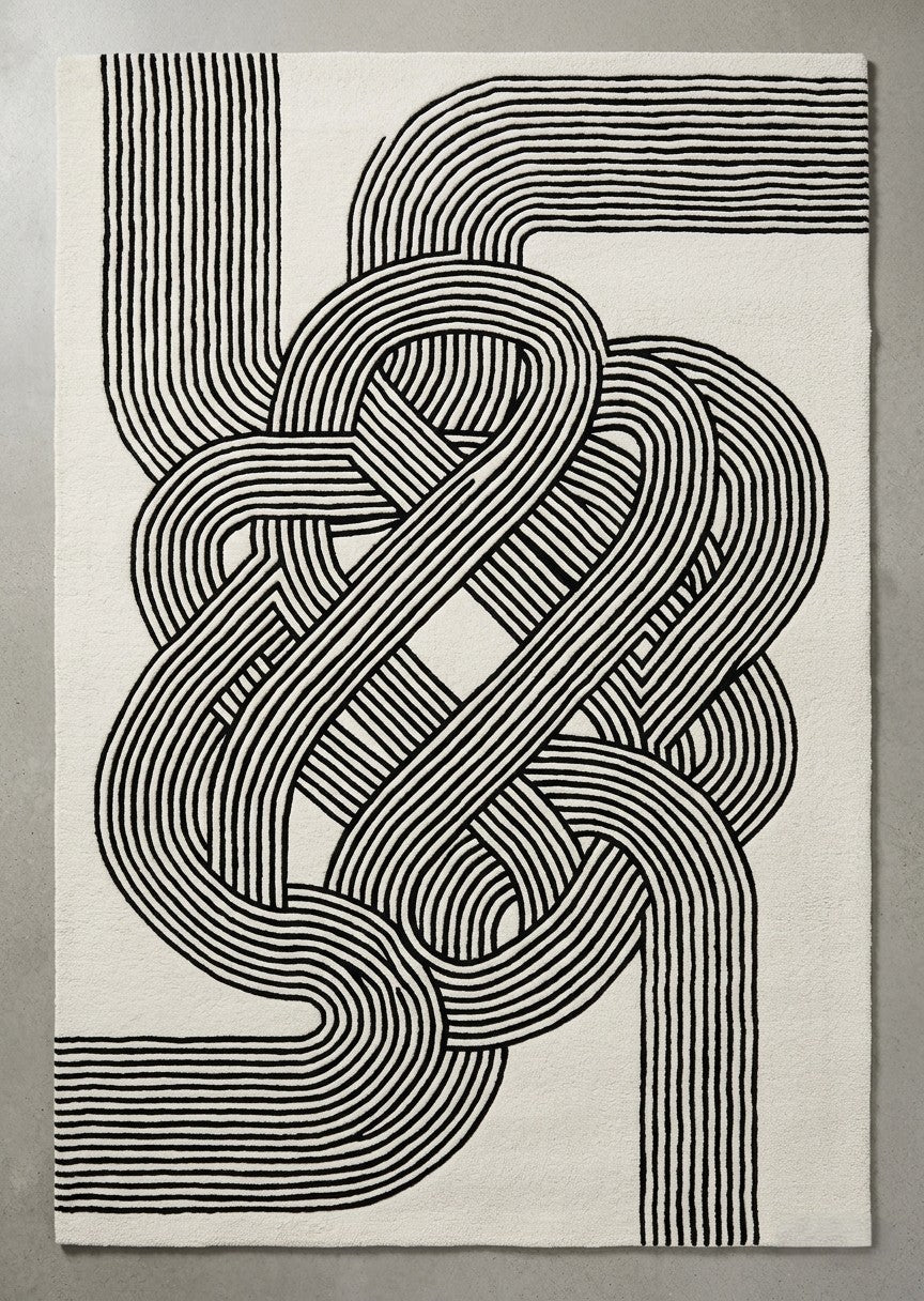 Modern Optical Illusion Hand Tufted Wool Rug | Black & Ivory Geometric Knot Pattern Area Rug — 2x3 ft'