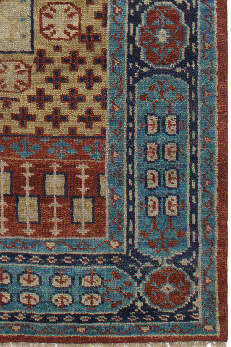 Traditional Kazak Hand Knotted New Zealand Wool Rug | Blue & Rust Geometric Medallion Area Rug — 2x3 ft'