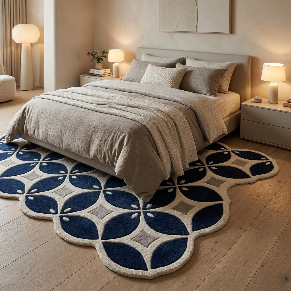 Navy Blue Geometric Hand Tufted Wool Rug | Irregular Trellis Area Rug — 2x3 ft'