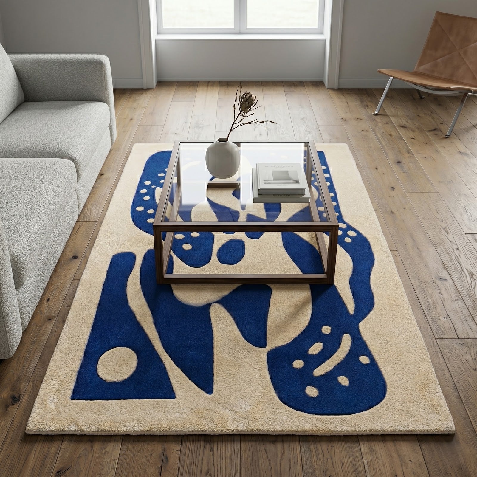 Botanical Silhouette Hand Tufted Wool Rug | Cobalt Blue & Ivory Abstract Floral Area Rug — 2x3 ft'