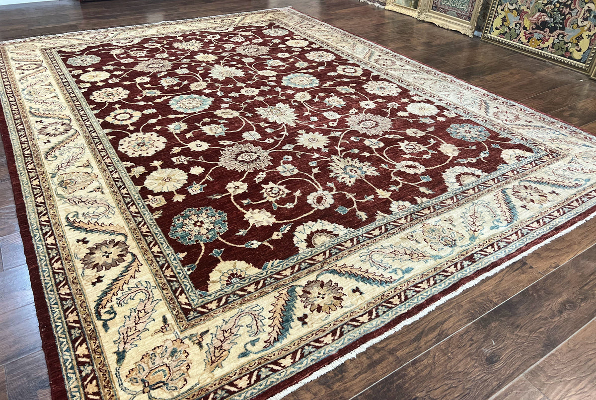 Peshawar Rug 9x11, Pakistani Oriental Carpet, Maroon and Beige, Floral Allover, Wool Hand Knotted Handmade Vintage Rug - Jewel Rugs, view 13