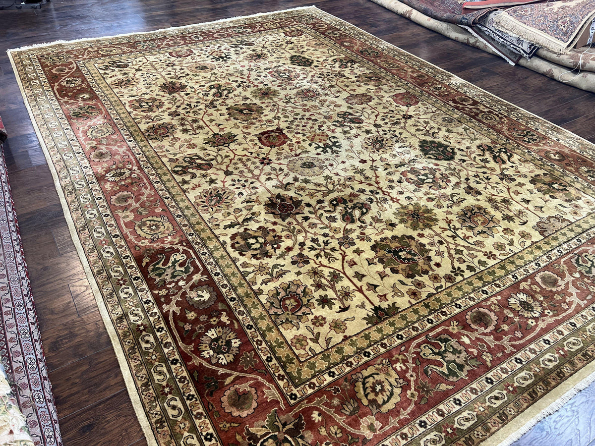 Large Indian Rug 10x14, Hand Knotted Indo Persian Gandehar Oriental Carpet, Vintage Wool Rug 10 x 14 ft Cream Red Floral Allover Traditional - Jewel Rugs, view 13