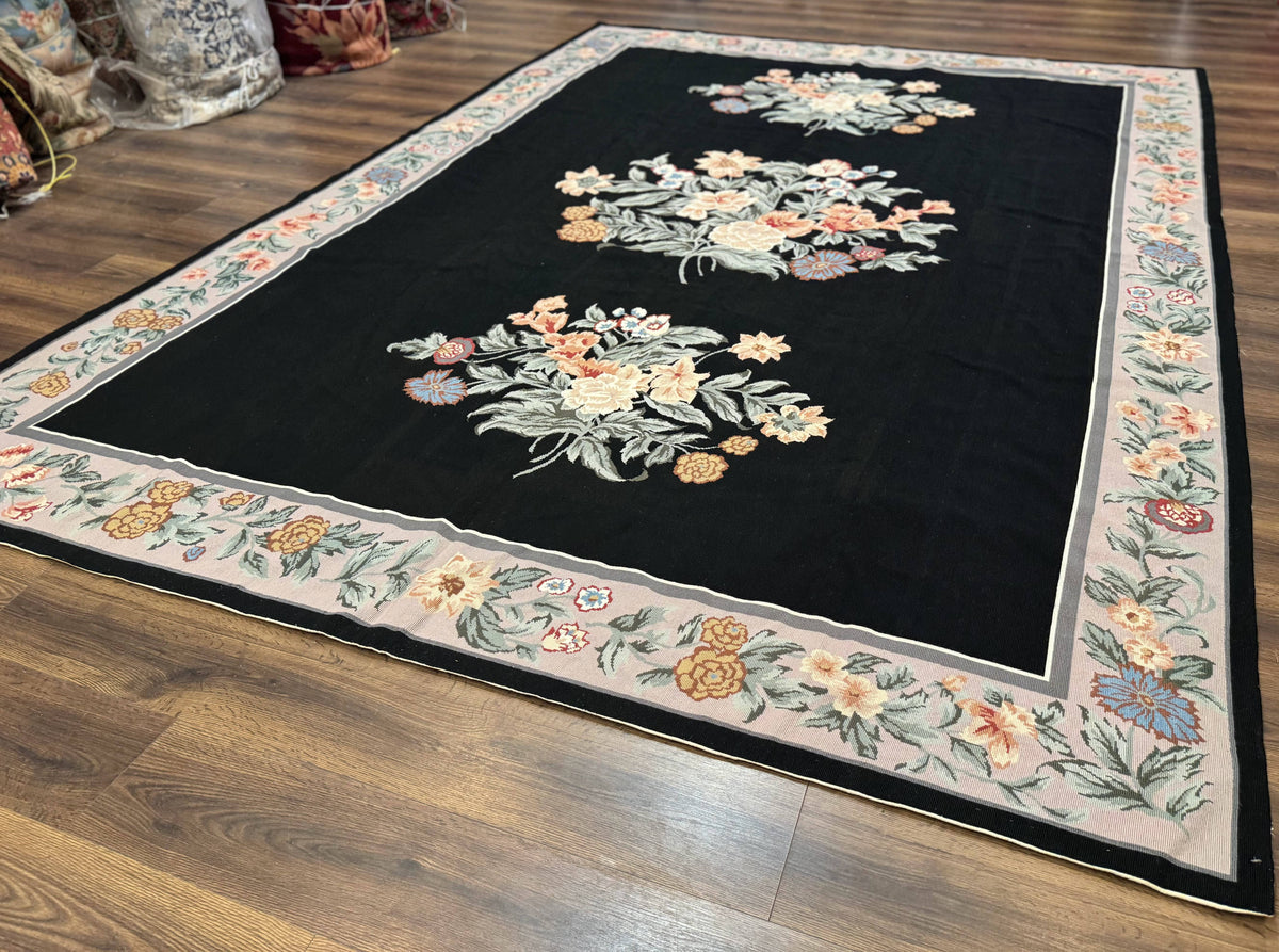 Black Needlepoint Rug 8x11 with Multicolor Flowers, Vintage Carpet - Jewel Rugs, view 2