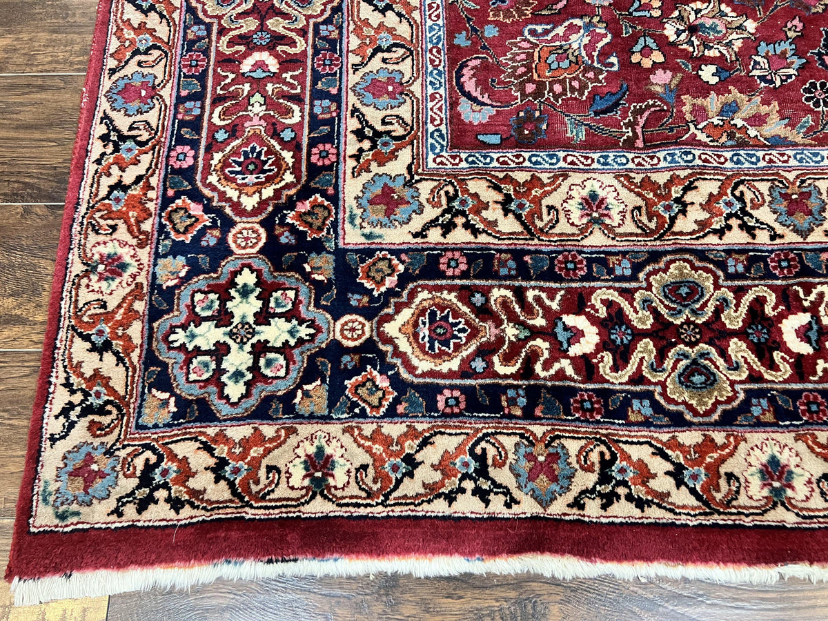 Signed Persian Mashad Rug 8x10, Wool Oriental Carpet, Semi Antique Rug, Hand Knotted, Traditional, Red, Floral Allover, - Jewel Rugs, view 8