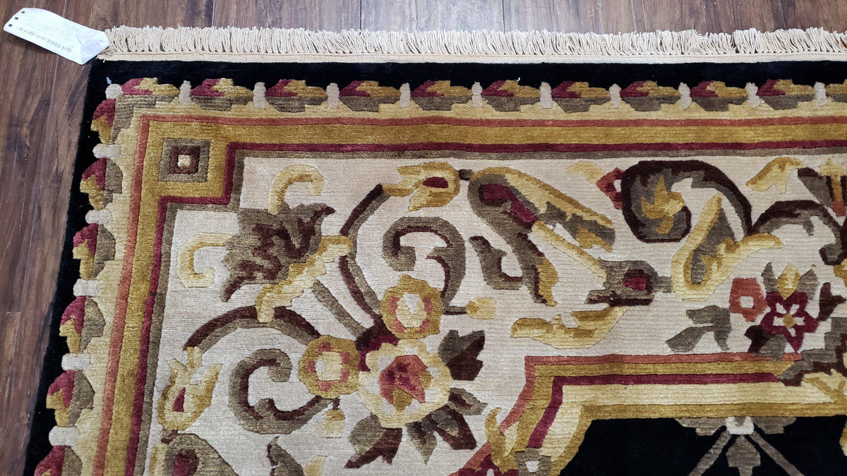 Nepal Rug 6x9, New Aubusson Nepalese Tibetan Carpet 6'1" x 8' 8", Hand-Knotted Wool, Unused, Black & Cream, Savonnerie Pattern, Soft Pile - Jewel Rugs, view 7