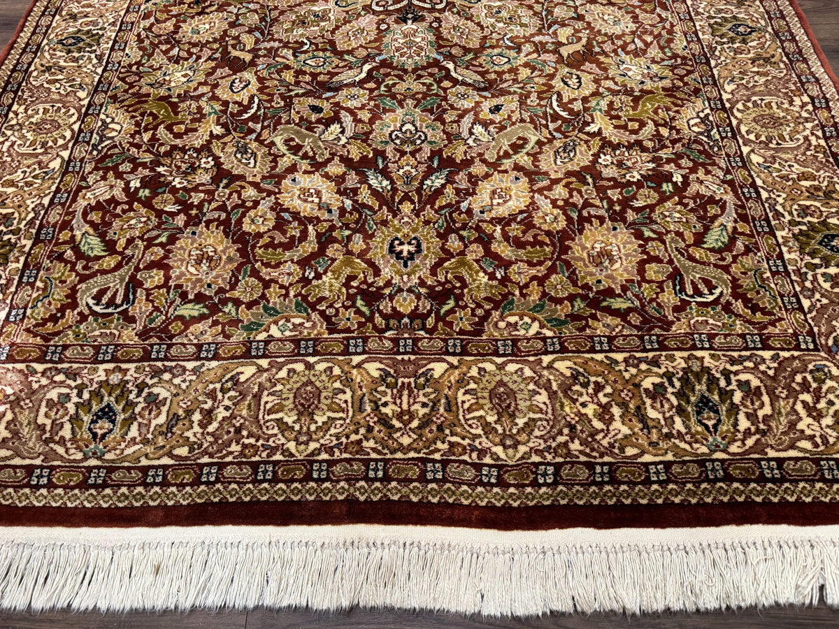 Tree of Life Indian Kashmiri Rug 6x9, Rust Red and Cream, Animal Pictorials, Fine 290 KPSI - Jewel Rugs, view 5