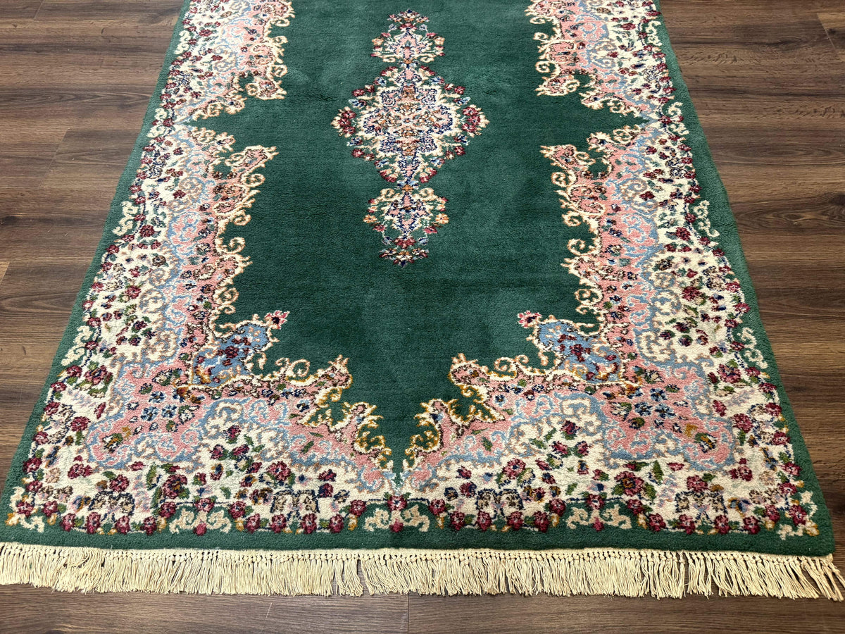 Persian Kerman Rug 4x6, Green Ivory Pink, Wool Vintage, Semi Open Field - Jewel Rugs, view 6