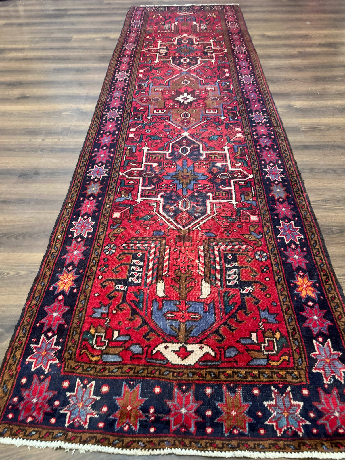 Persian Heriz Karajeh Runner Rug 3.7 x 12, Geometric Medallions, Red and Navy Blue - Jewel Rugs, view 13