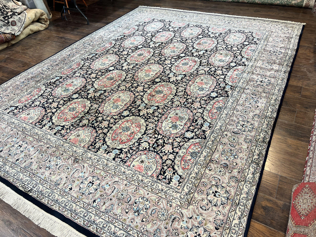 Sino Persian Rug 9x12, Navy Blue and Pink Hand Knotted Wool and Silk Highlights Vintage Oriental Carpet, Handmade Floral Area Rug 9 x 12 ft - Jewel Rugs, view 2