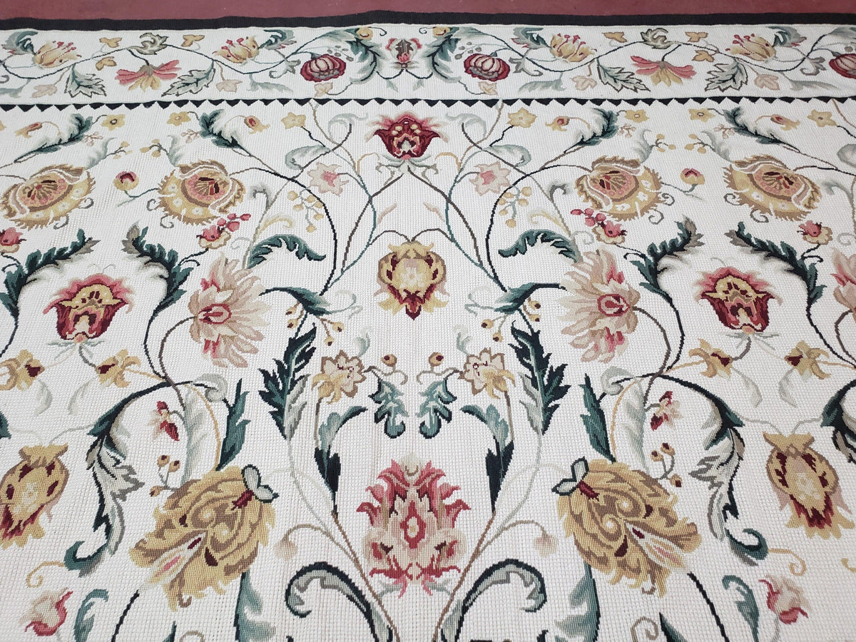 New Needlepoint Rug 9x12, Hand Woven Wool Area Rug, Flatweave Carpet, Handmade Chinese Needlepoint, Floral European Design, Ivory Background - Jewel Rugs, view 4
