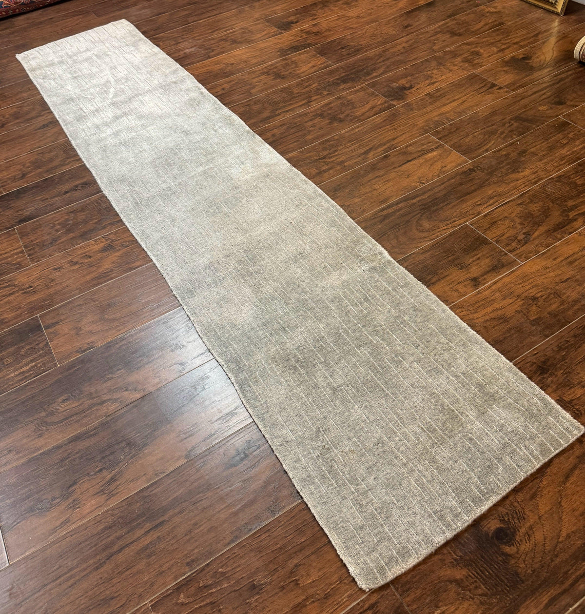 Modern Tibetan Runner Rug 1.9 x 8.6, Wool and Silk Highlights, Gray/Silver, Narrow Runner for Hallway or Kitchen - Jewel Rugs, view 9