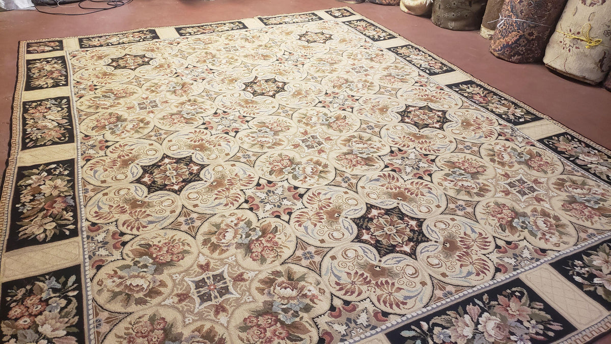 Needlepoint Rug 8x10ft Allover European Design Flowers 100% Wool Hand Knotted Aubusson Area Rug Brand New Flatweave Needle Point Carpet Chic - Jewel Rugs, view 3