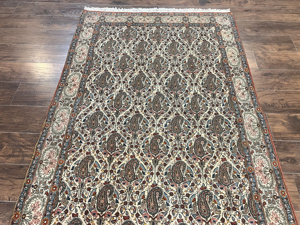 Persian Qum Rug 5x6, Cream Wool Hand Knotted Carpet, Repeated Boteh Paisely Design, Semi Antique Vintage Rug, Very Fine Weave 5 x 6 Rug - Jewel Rugs, view 12