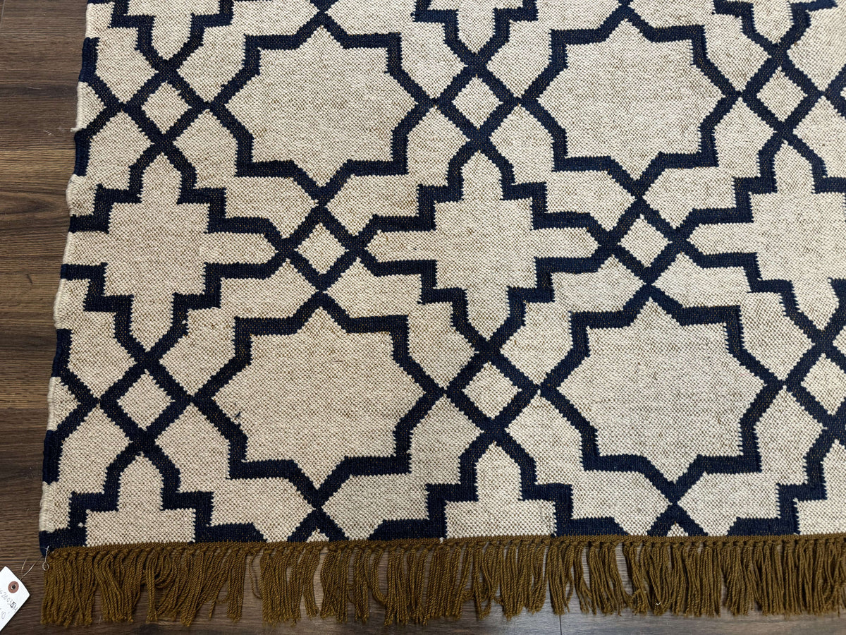 Indian Kilim Rug 8x10, Oat and Navy Blue, Dhurrie Carpet, Handmade, Wool - Jewel Rugs, view 9