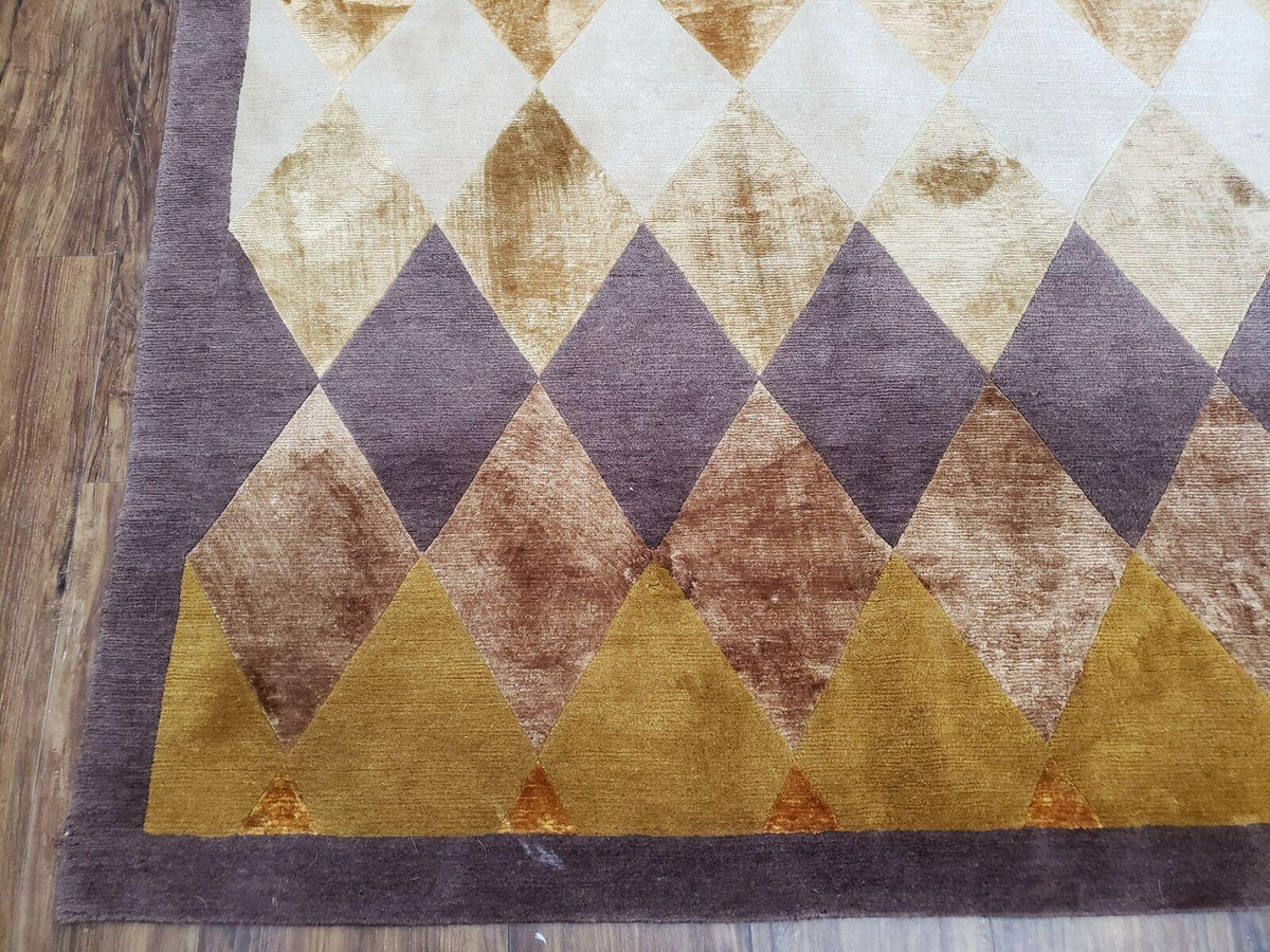 Modern Tibetan Rug 8.6 x 11, Wool and Silk, Multicolor, Diamond Panel Design - Jewel Rugs, view 8