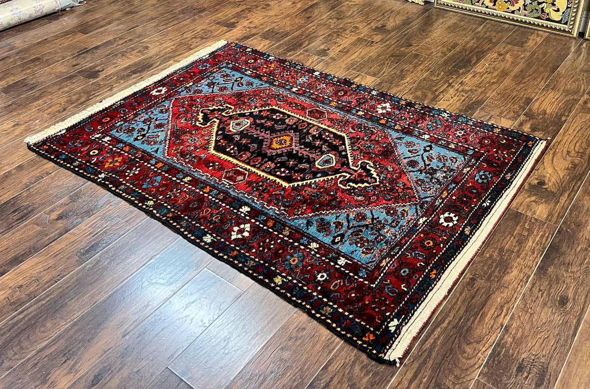 Antique Persian Tribal Rug 4x7, Wool Handmade 1920s Carpet, Red Blue, Persian Hamadan Rug - Jewel Rugs, view 2