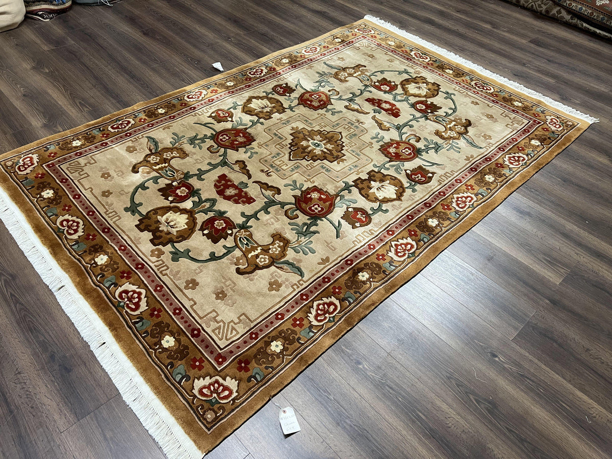 Chinese Wool Rug 5.9 x 9, Tan and Brown Asian Art Deco Carpet, Vintage 1960s Oriental Rug, Hand-Knotted Rug, Soft Wool, Medallion, Pair B - Jewel Rugs, view 13
