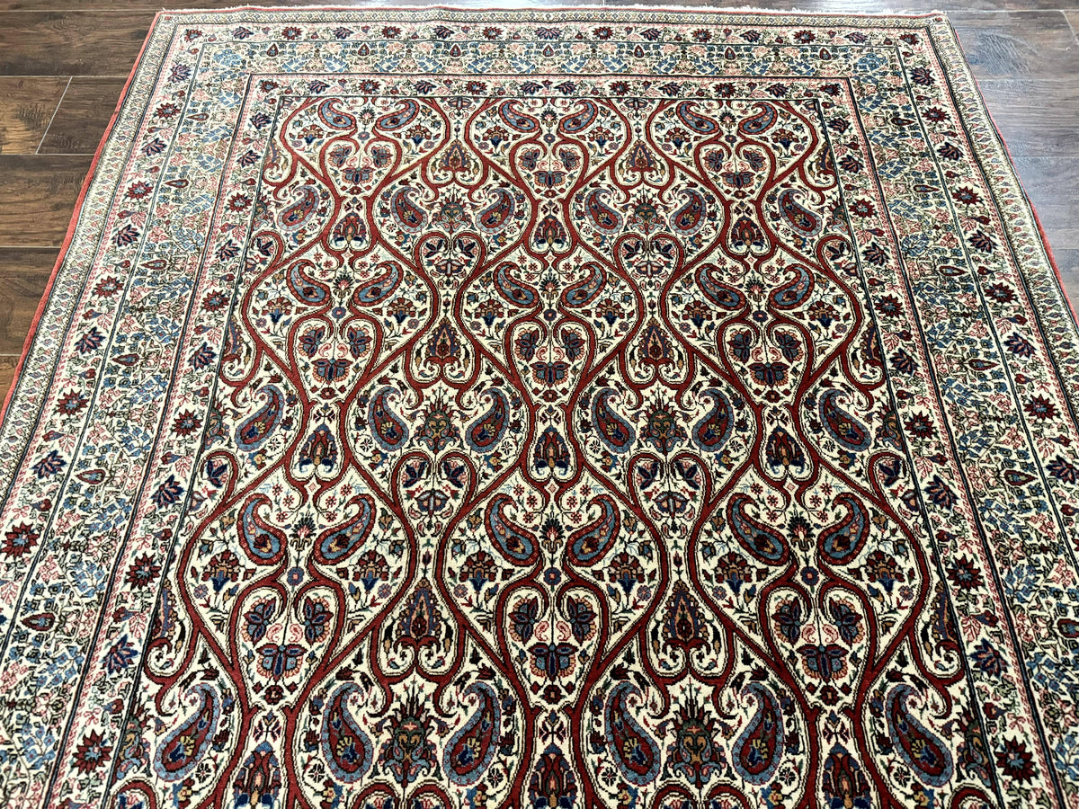 Unique Persian Qum Rug 5x7, Repeated Paisely Boteh Design, Ivory Red Blue, Handmade Antique Wool Persian Carpet, Finely Hand Knotted - Jewel Rugs, view 12