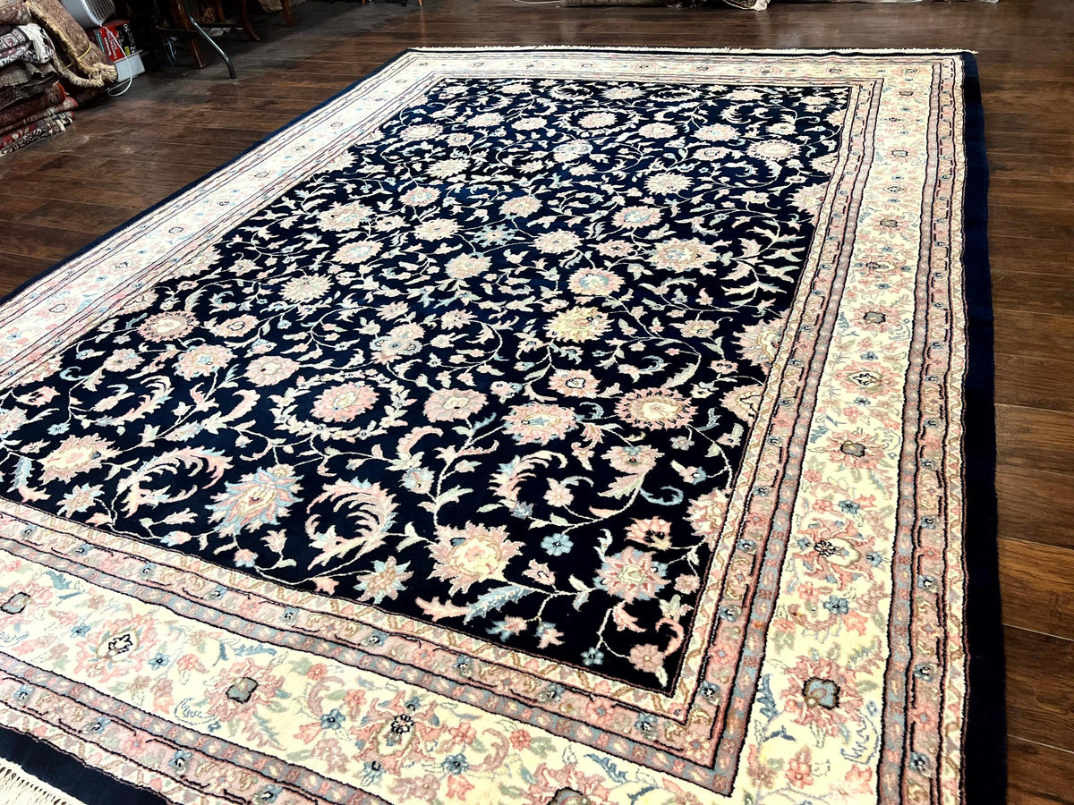 Indo Persian Rug 9x12, Navy Blue and Ivory/Cream, Floral Allover, Wool Vintage Handmade Carpet - Jewel Rugs, view 3