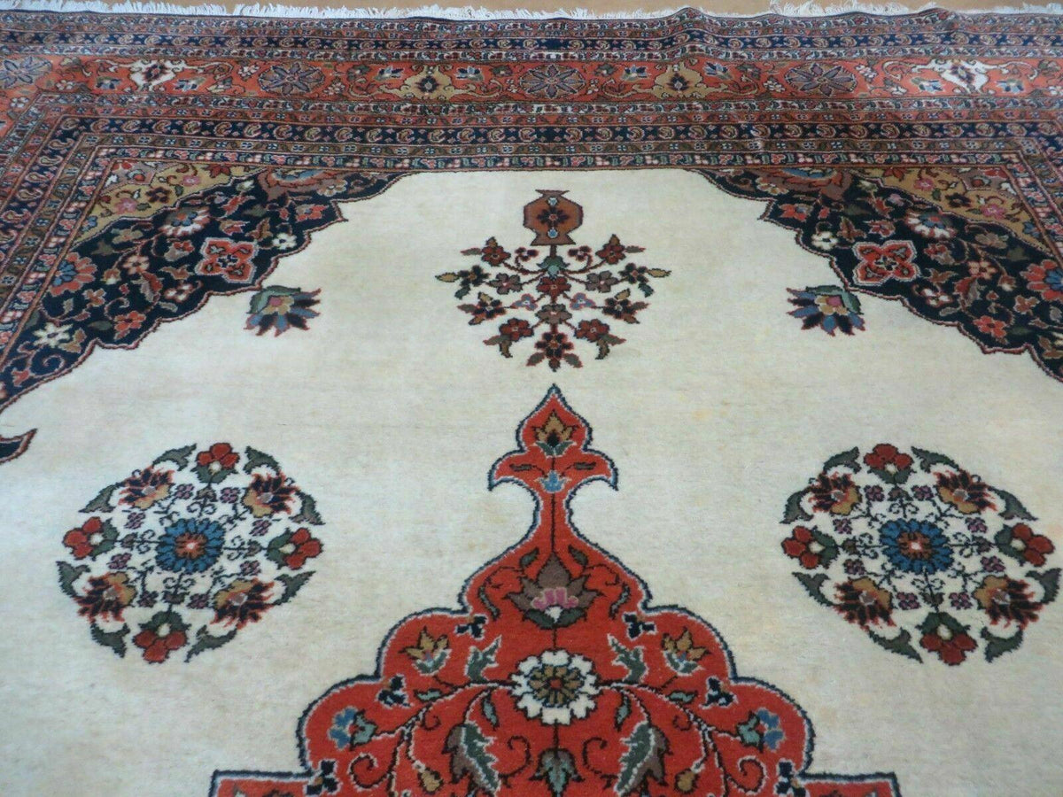 Indo Persian Rug 9x12, Semi Open Field Medallion, Ivory Tomato Red Navy Blue, Hand Knotted Indian Oriental Wool Carpet 9 x 12 ft, Room Sized - Jewel Rugs, view 4