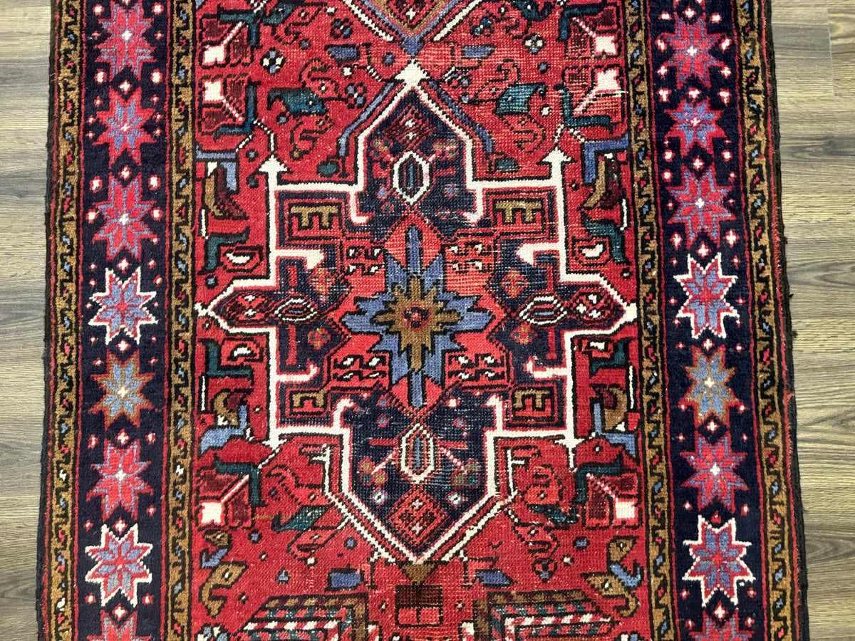 Persian Heriz Karajeh Runner Rug 3.7 x 12, Geometric Medallions, Red and Navy Blue - Jewel Rugs, view 5