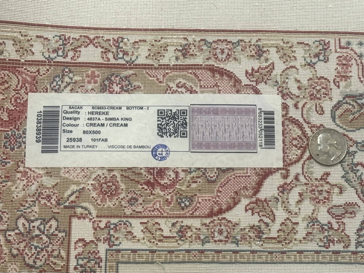 Long Turkish Silk Runner Rug 2.6 x 16.5, Hunting Design, Ivory, Bamboo Silk, New - Jewel Rugs, view 9