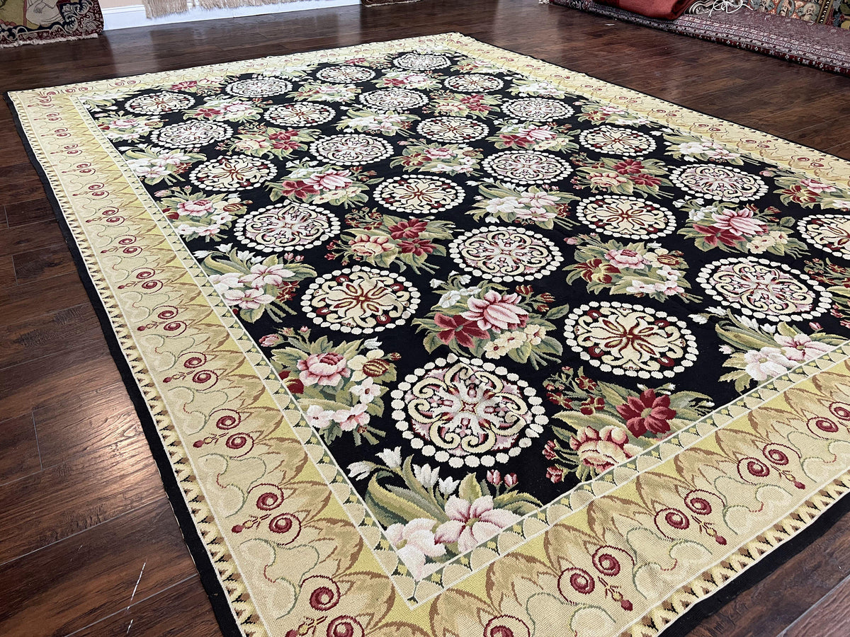 9x12 Black Needlepoint Rug, European Floral Panel Design, Handwoven, Vintage Chinese Needlepoint, Black Green Beige, Wool Rug 9 x 12 - Jewel Rugs, view 12