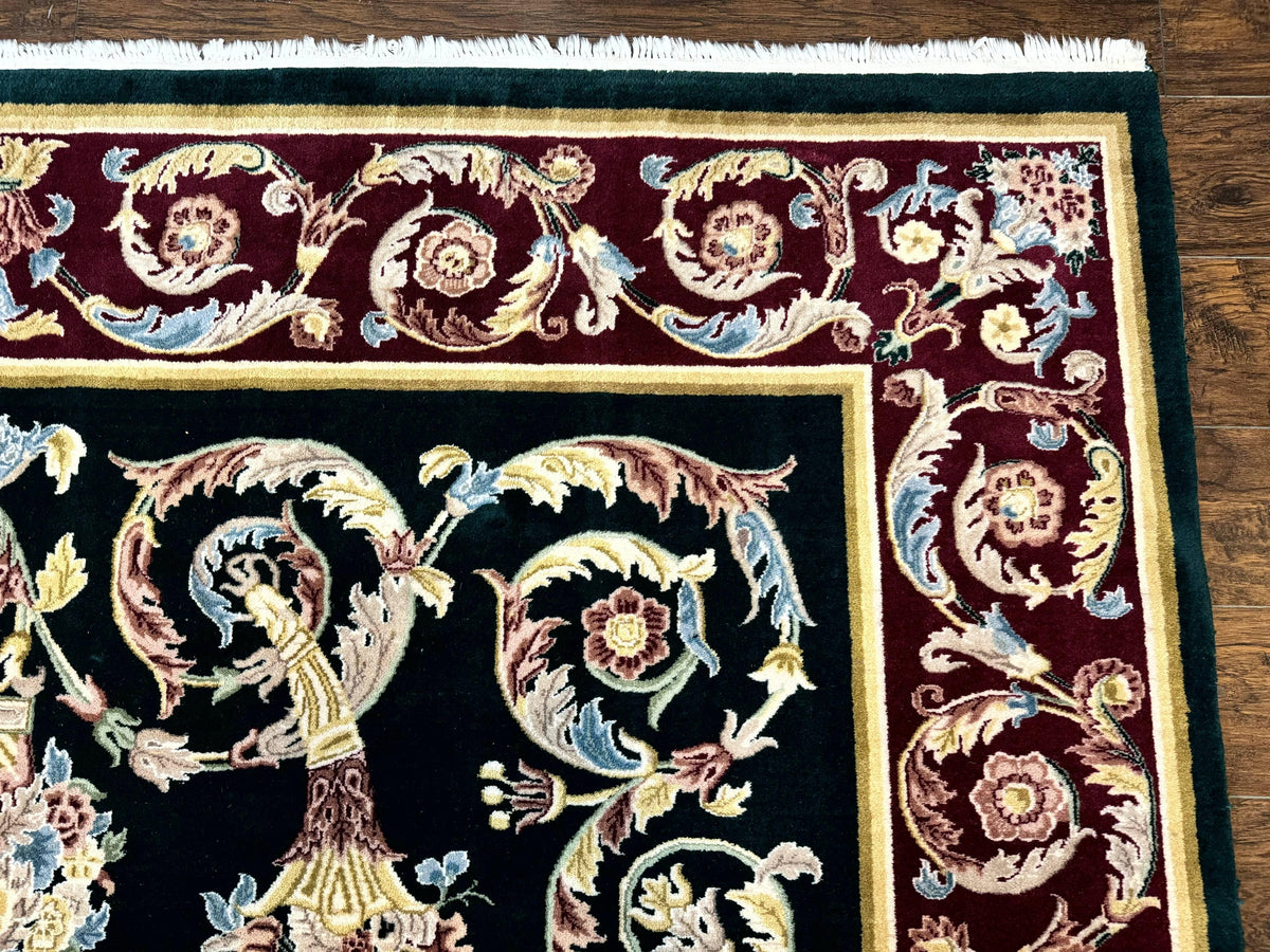 Aubusson Rug 9x12, Dark Green, European Design, Vintage Fine Handmade Carpet, Elegant - Jewel Rugs, view 8
