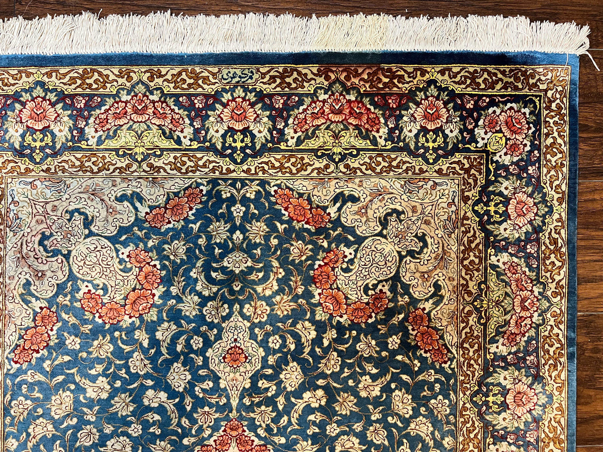 Magnificent Persian Qum Silk Rug 3x5, Blue, Super Fine 675 KPSI - 70 Raj, Floral Roses, Handmade Vintage Silk Carpet, Masterpiece - Jewel Rugs, view 7