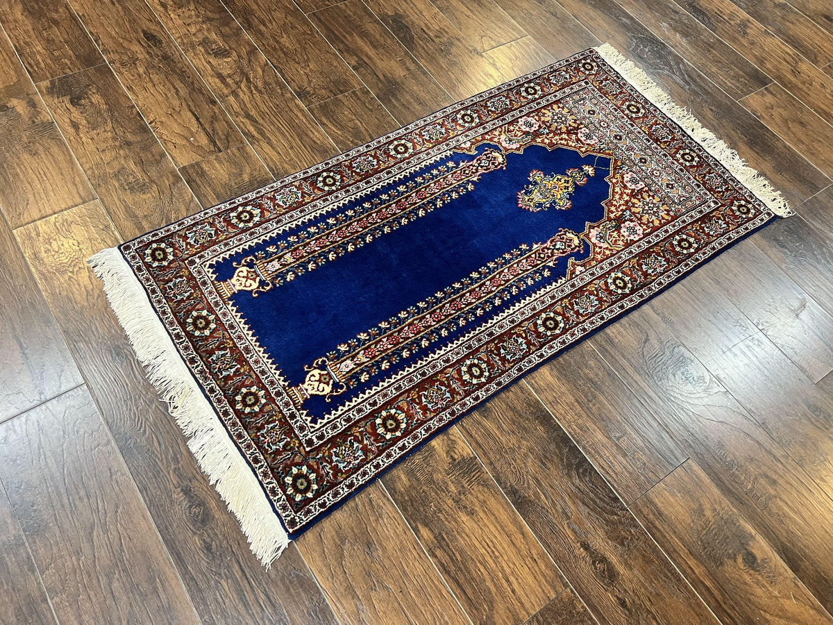 Indo Persian Prayer Rug 3x5, Fine Oriental Carpet, Dark Blue and Red, Vintage Hand Knotted Handmade Prayer Rug - Jewel Rugs, view 2