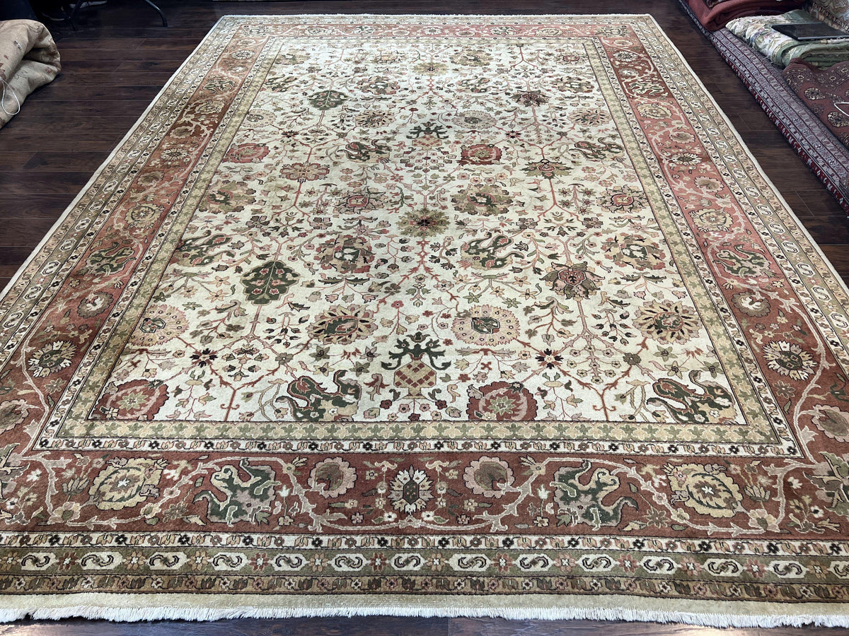 Large Indian Rug 10x14, Hand Knotted Indo Persian Gandehar Oriental Carpet, Vintage Wool Rug 10 x 14 ft Cream Red Floral Allover Traditional - Jewel Rugs, view 2