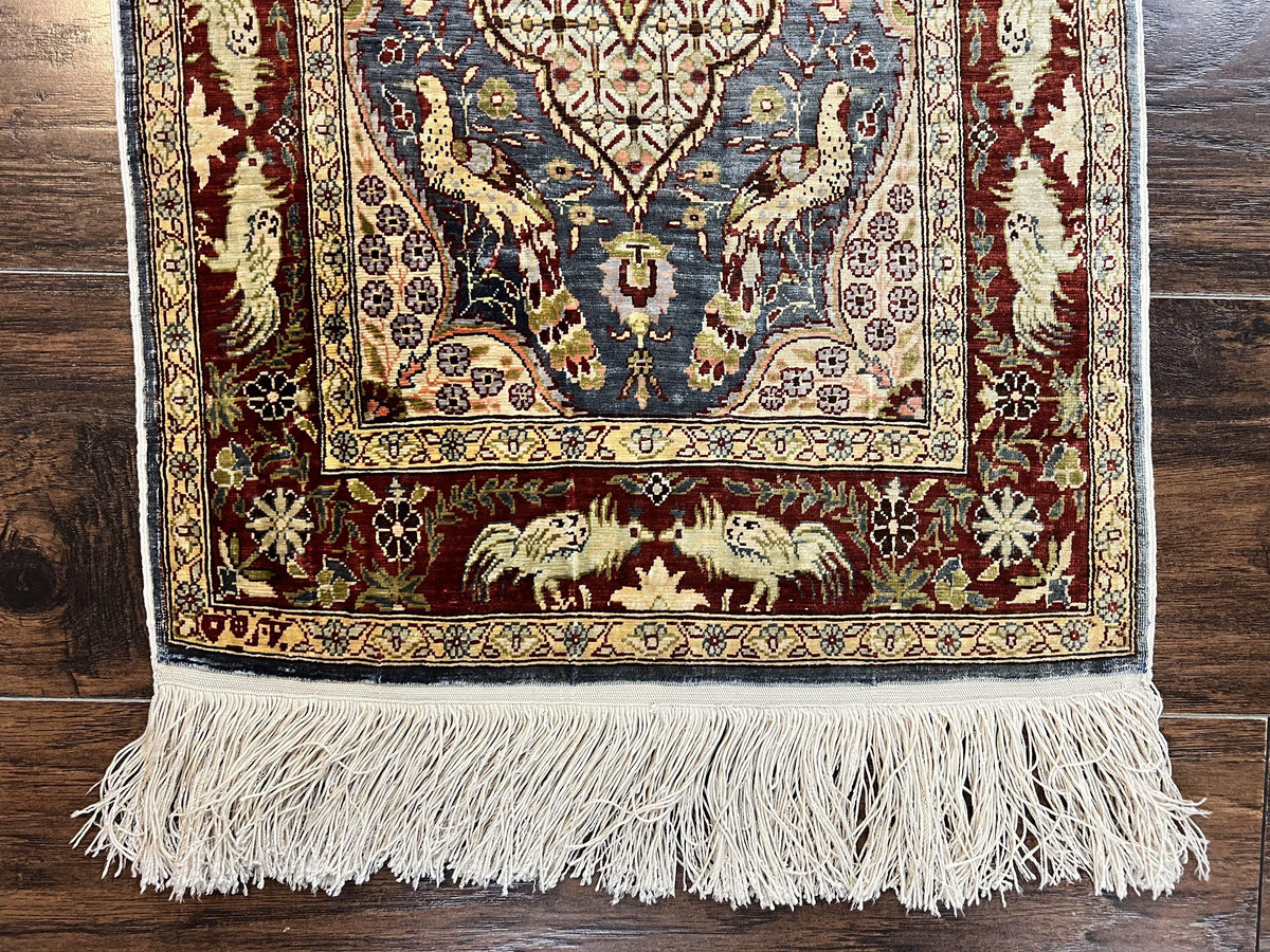 Silk Turkish Hereke Rug 2x3, Peacocks Birds, Signature from Master Weaver, Super Finely Hand Knotted 550 KPSI, Animal Pictorials - Jewel Rugs, view 6