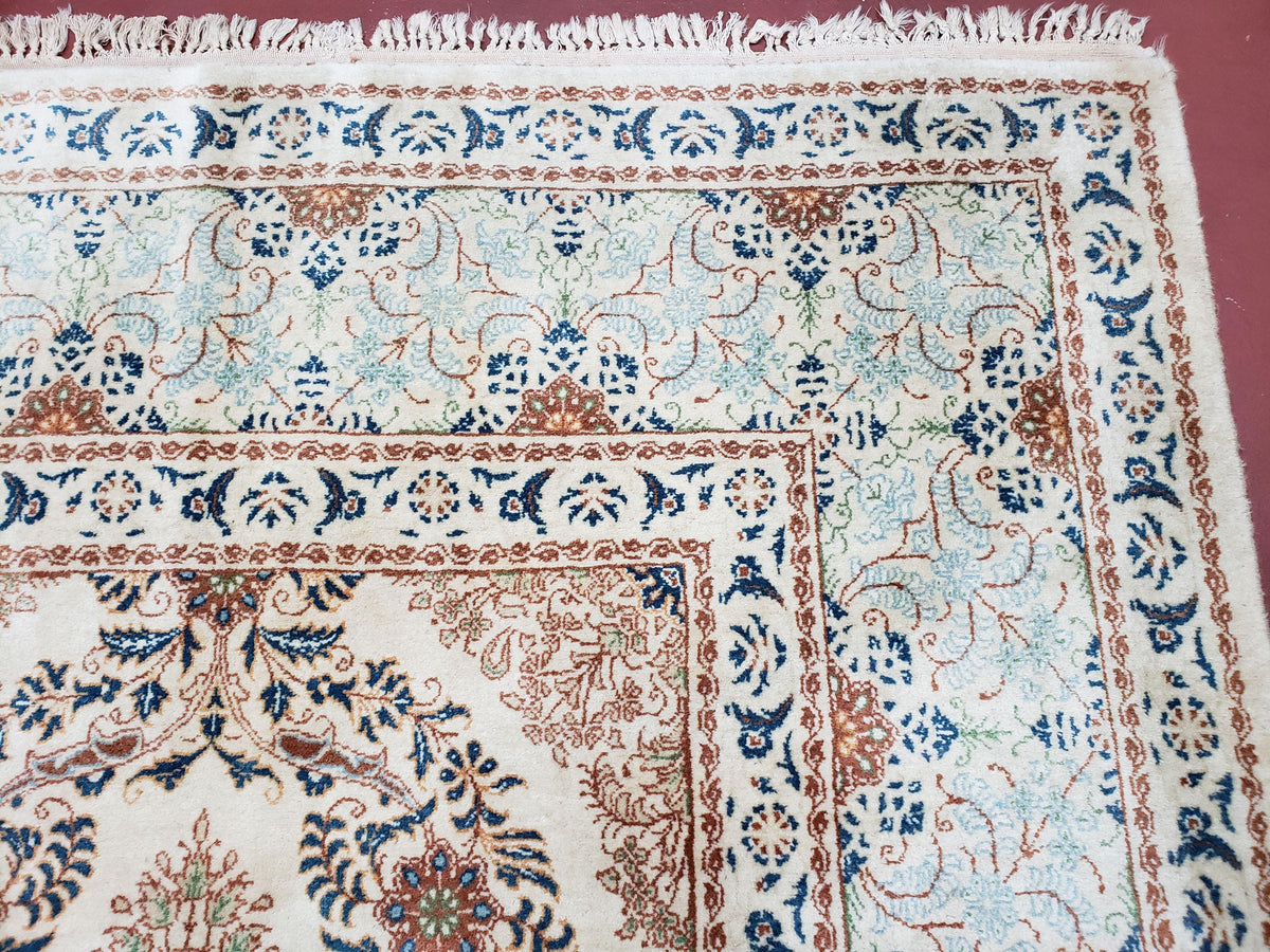 Fine Antique Persian Light Colored Kashan Carpet, 7x12, Top Quality, Rare, Ivory & Blues, Hand-Knotted, Wool - Jewel Rugs, view 8
