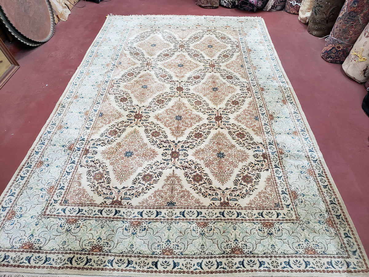 Fine Antique Persian Light Colored Kashan Carpet, 7x12, Top Quality, Rare, Ivory & Blues, Hand-Knotted, Wool - Jewel Rugs, view 12